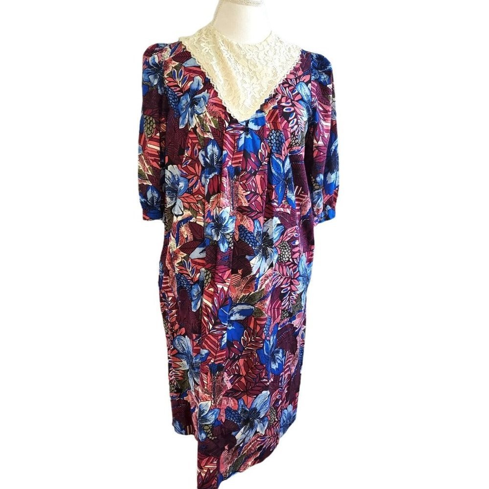 Vintage 80s Sz M Tropical Mumu Dress Knee Length Blue‎ Burgandy Hibiscus Pockets